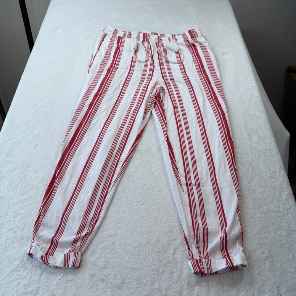 Charter Club Striped Linen Style Pants Womens L Red White Good Cotton Drawstring